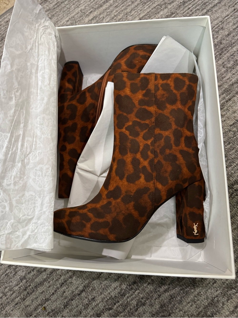 Saint Laurent Leopard Print Suede Block Heel Ankle Boots - Brown
